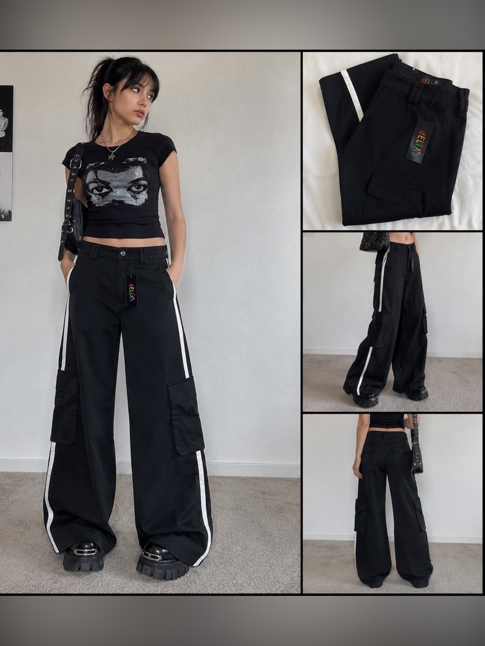 dELiA*s Black Wide-Leg Cargo Pants with White Side Stripe Size Large NWT Y2K
